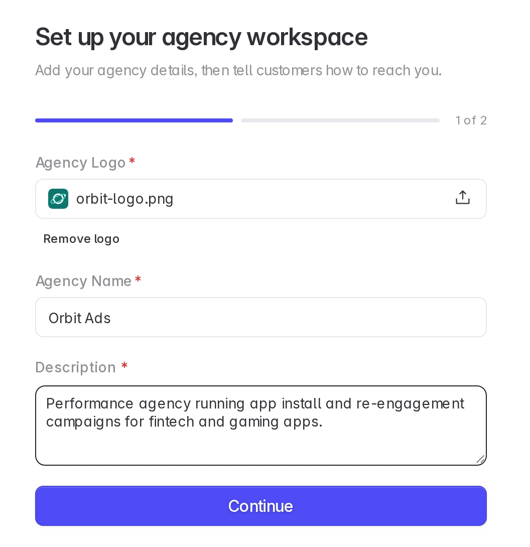 Agency setup, step 1: logo, agency name and description