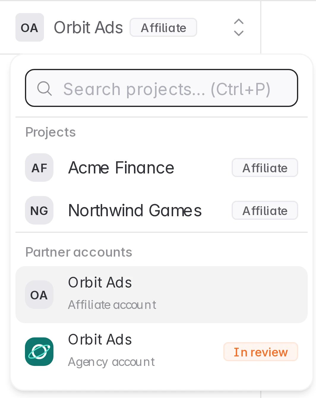 Project picker with the affiliate account and an agency account in review