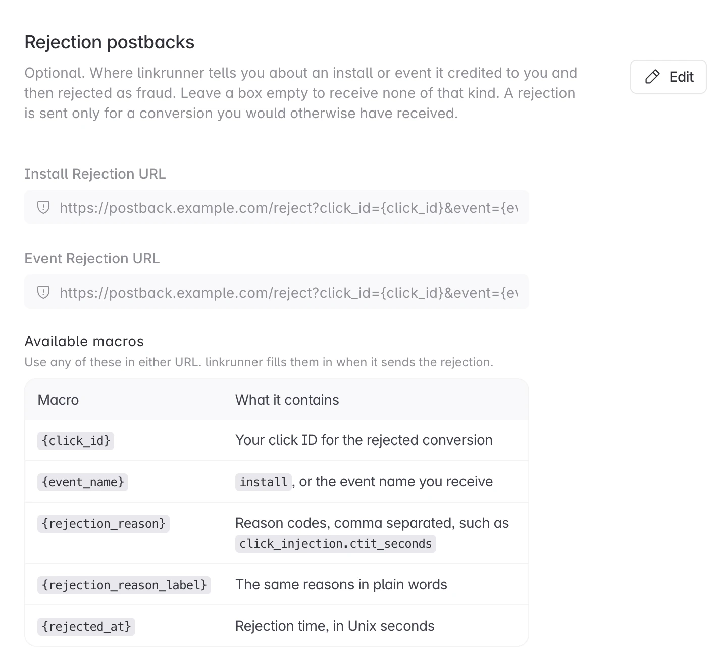The Rejection postbacks section in the affiliate Settings page, with both URLs