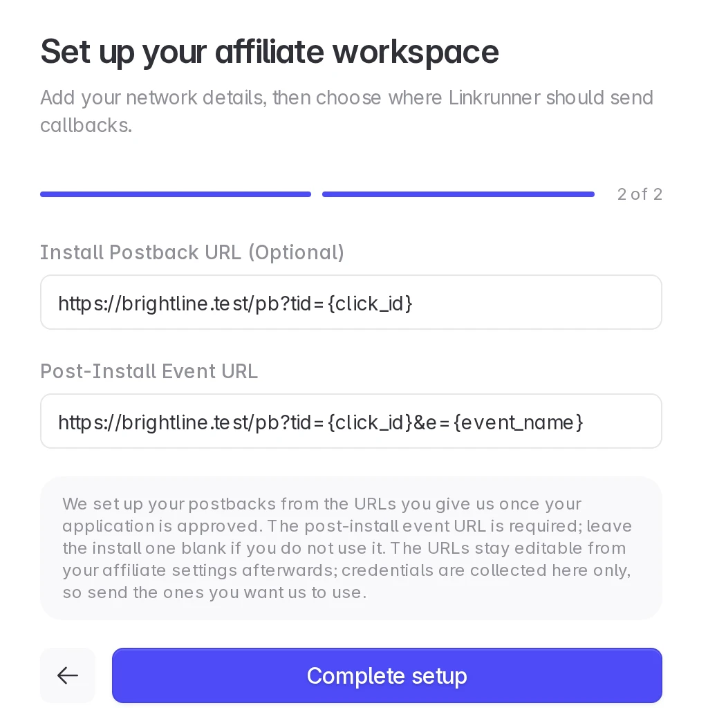 Affiliate setup, step 2: install postback URL and post-install event URL, then Complete setup