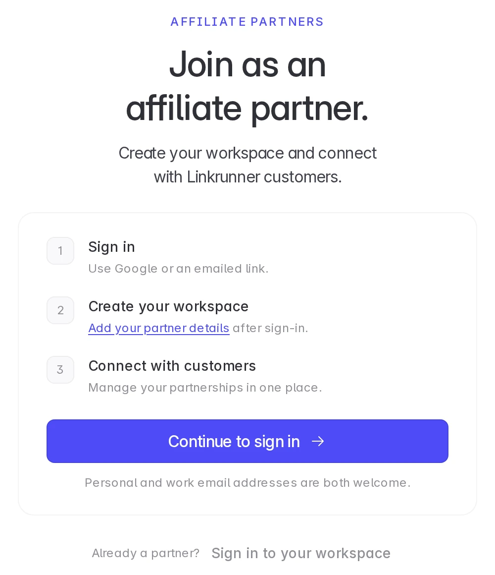 Affiliate Partner Sign Up page with the Continue to sign in button