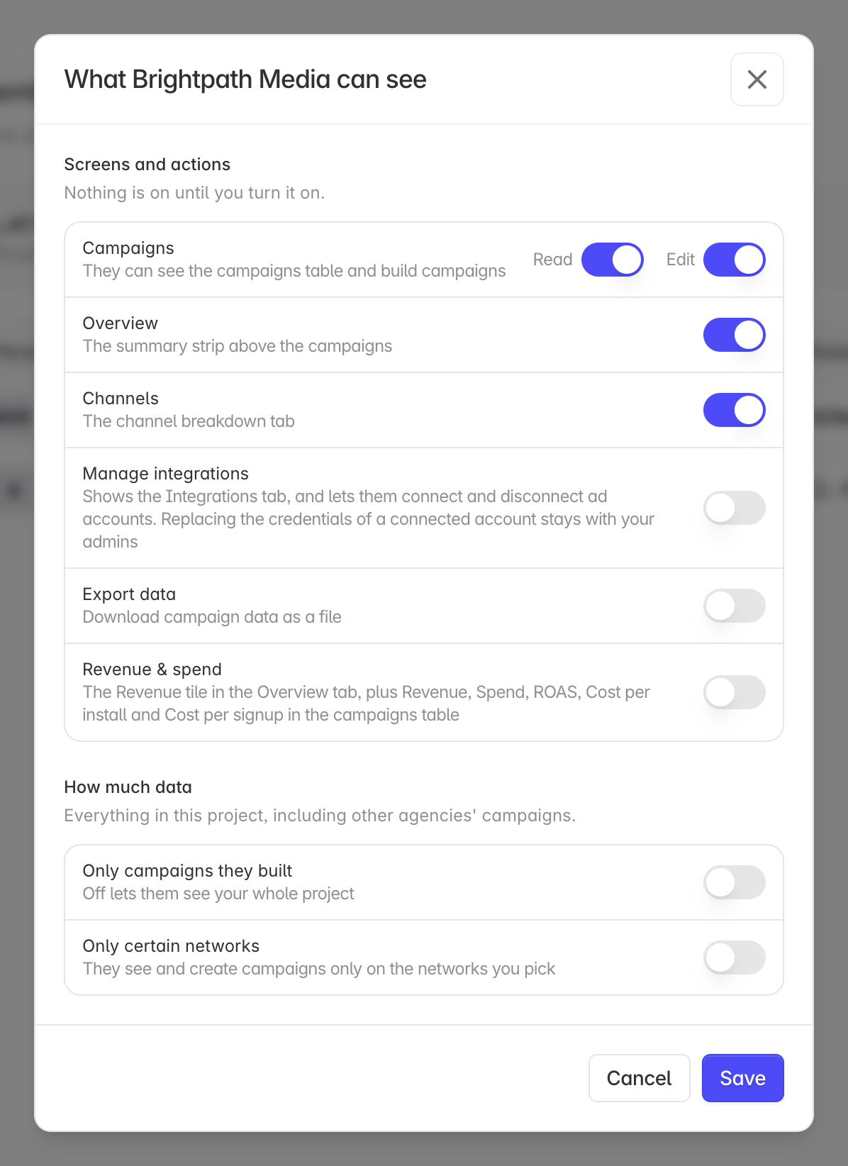 The agency access panel, showing the screens and actions switches