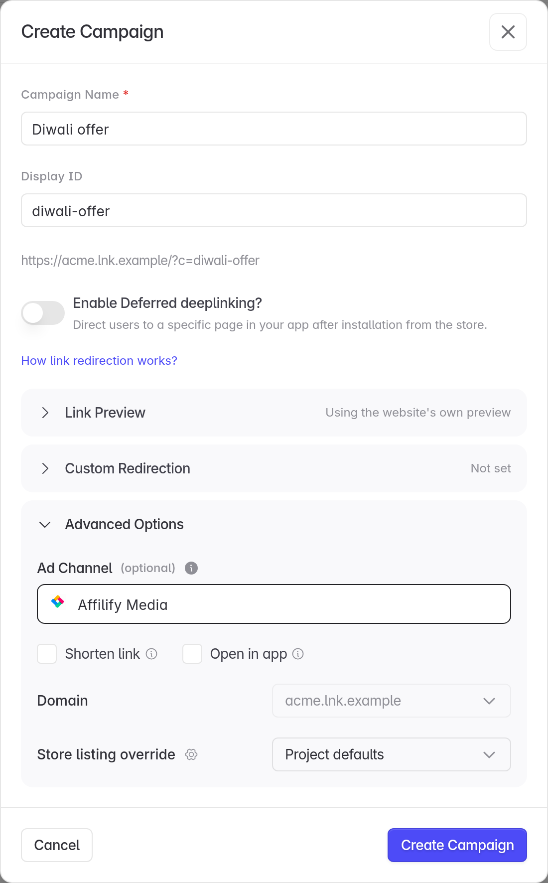 Ad Channel set to a connected partner under Advanced Options