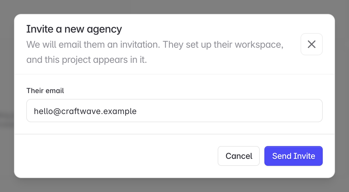 The invitation form opened from the Integrations page: Their email, then Send Invite