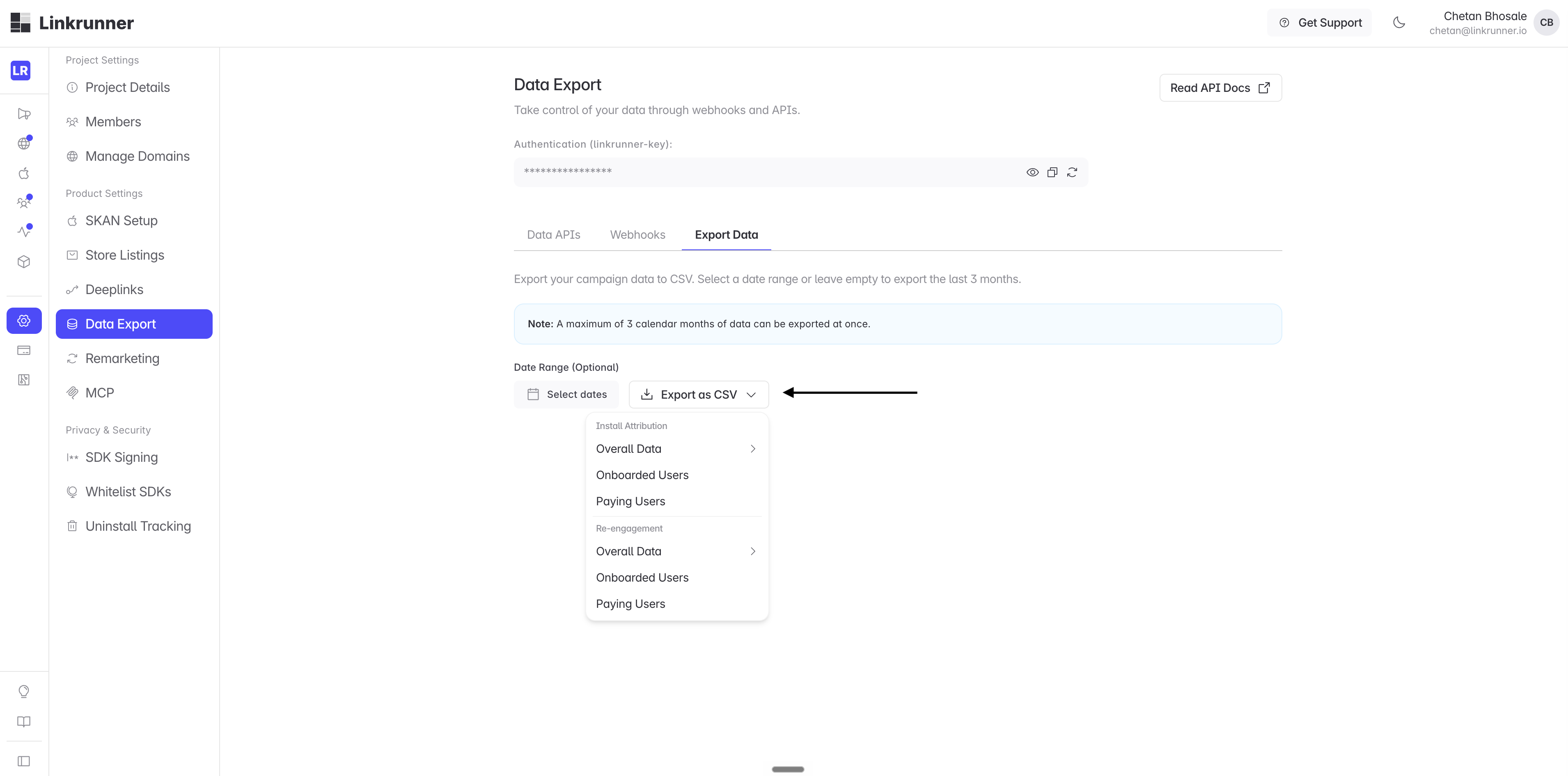 The Data Export page in Settings, with the Export as CSV menu open showing Install Attribution and Retargeting options