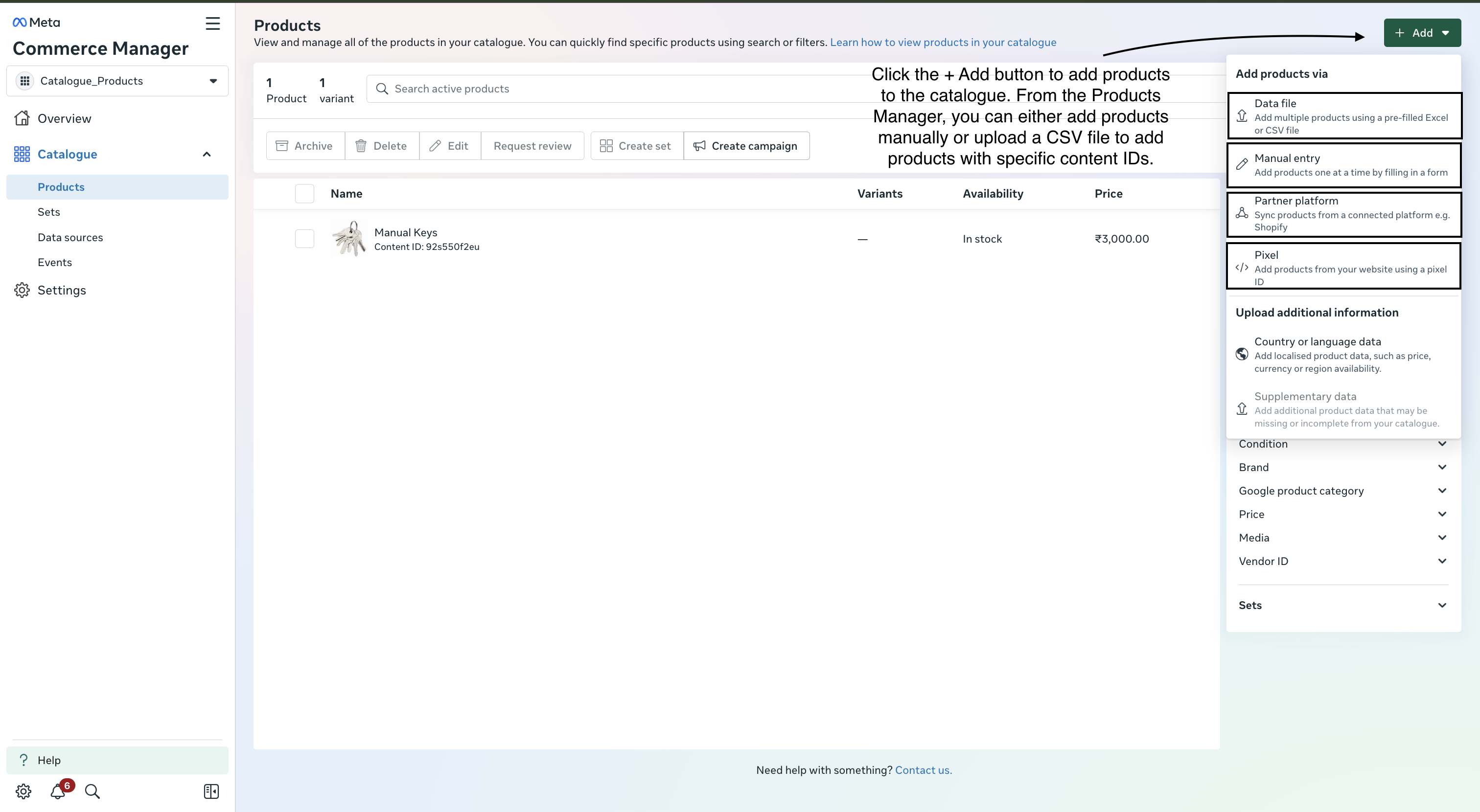 Add products to catalogue via manual entry or CSV upload