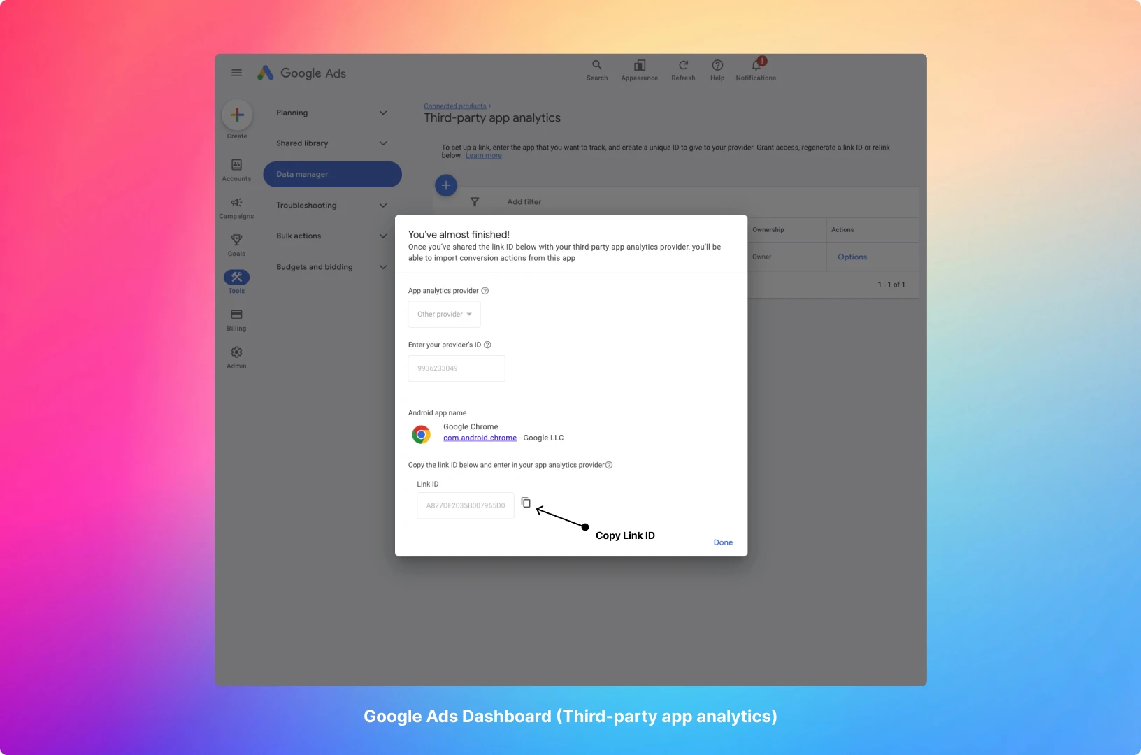 Google Ads Dashboard - Link ID Created