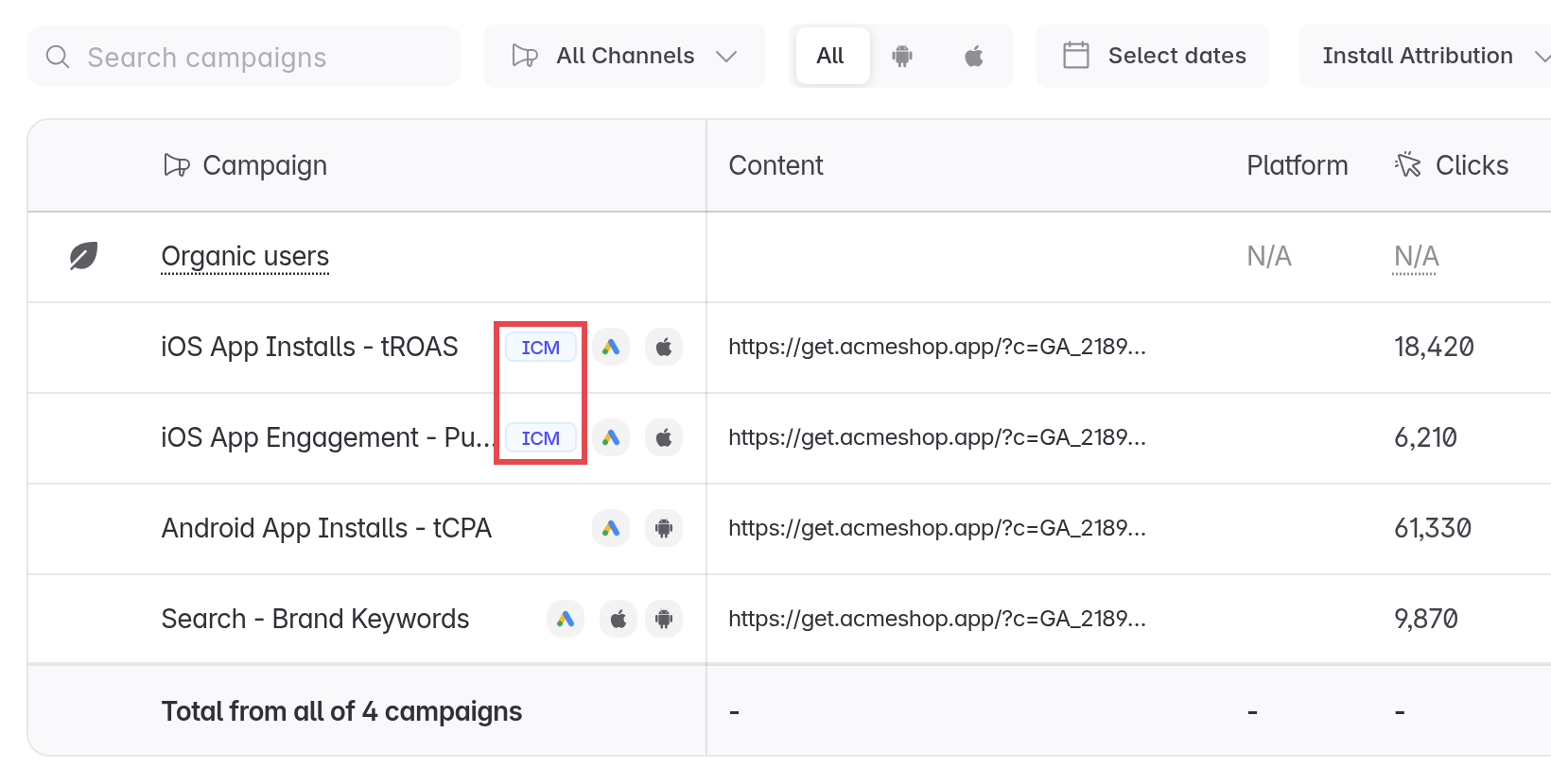 Linkrunner Campaigns list filtered to Google, with the ICM tag next to a campaign name