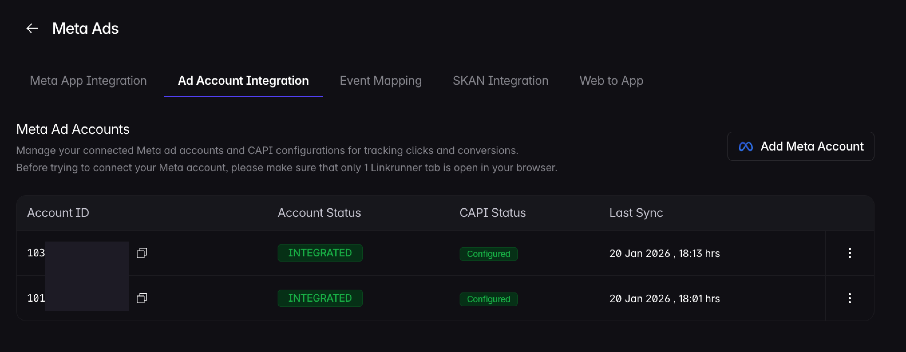 Meta Ad Account Integration tab in Linkrunner