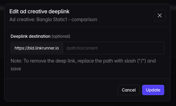 Edit ad creative deep link modal