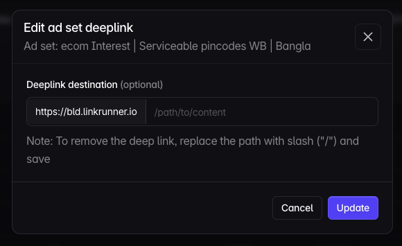 Edit ad set deep link modal