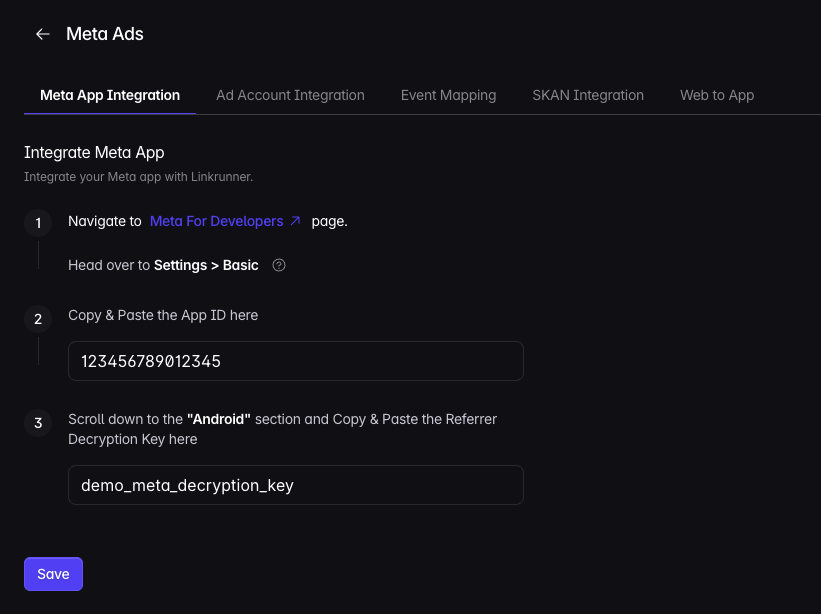 Meta App Integration tab in Linkrunner