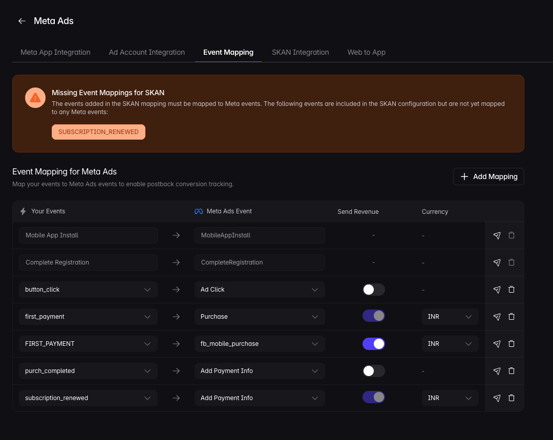 Meta Ads event mapping table in Linkrunner