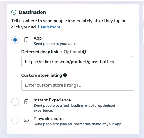 Meta App Promotion Destination section with Deferred deep link and Custom store listing fields