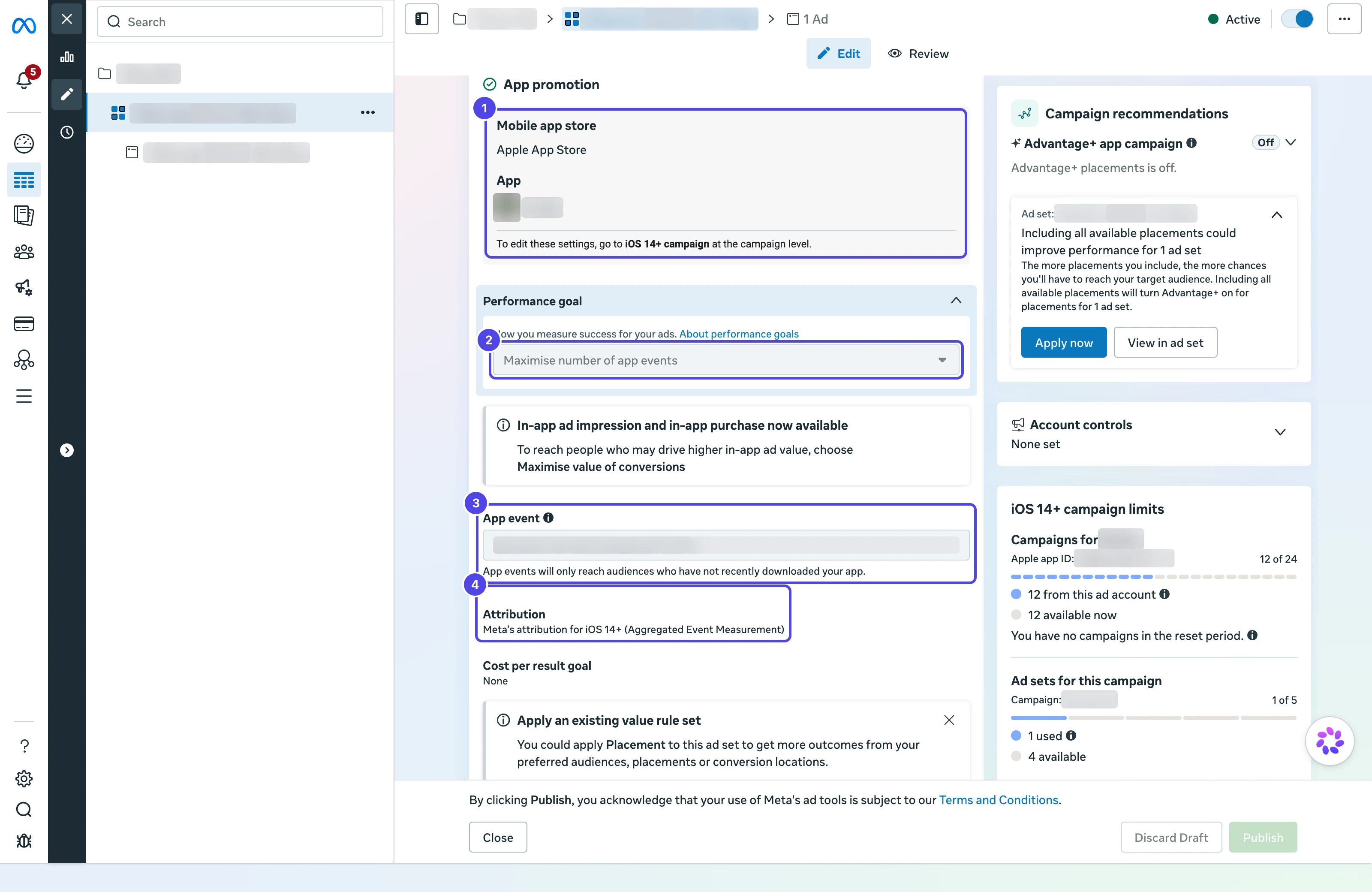 Ad set editor with the Apple App Store and app, performance goal, app event, and attribution settings highlighted