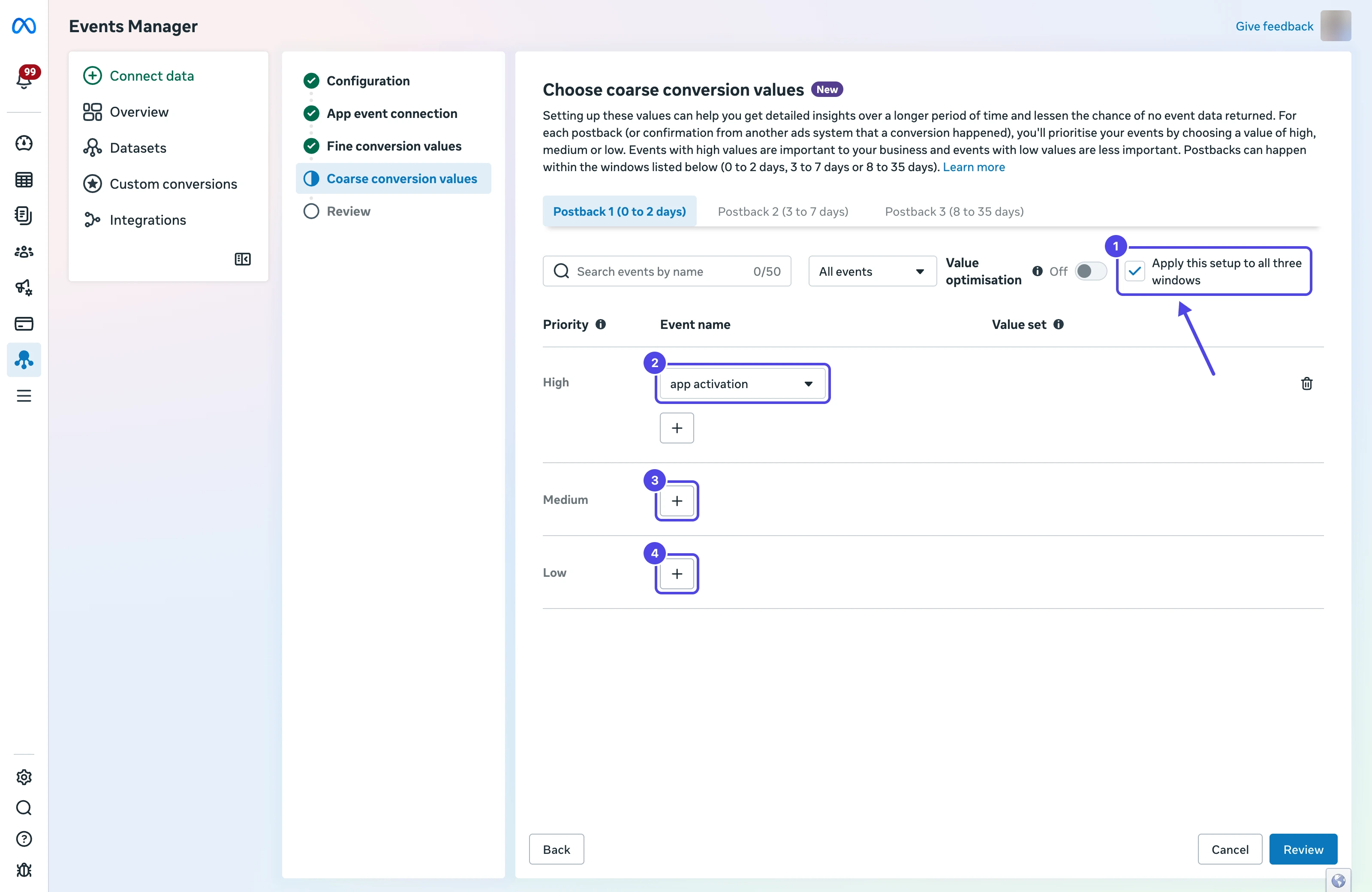 Choose coarse conversion values step with an arrow to the Apply this setup to all three windows checkbox as 1, the High event as 2, and the add buttons for Medium and Low as 3 and 4