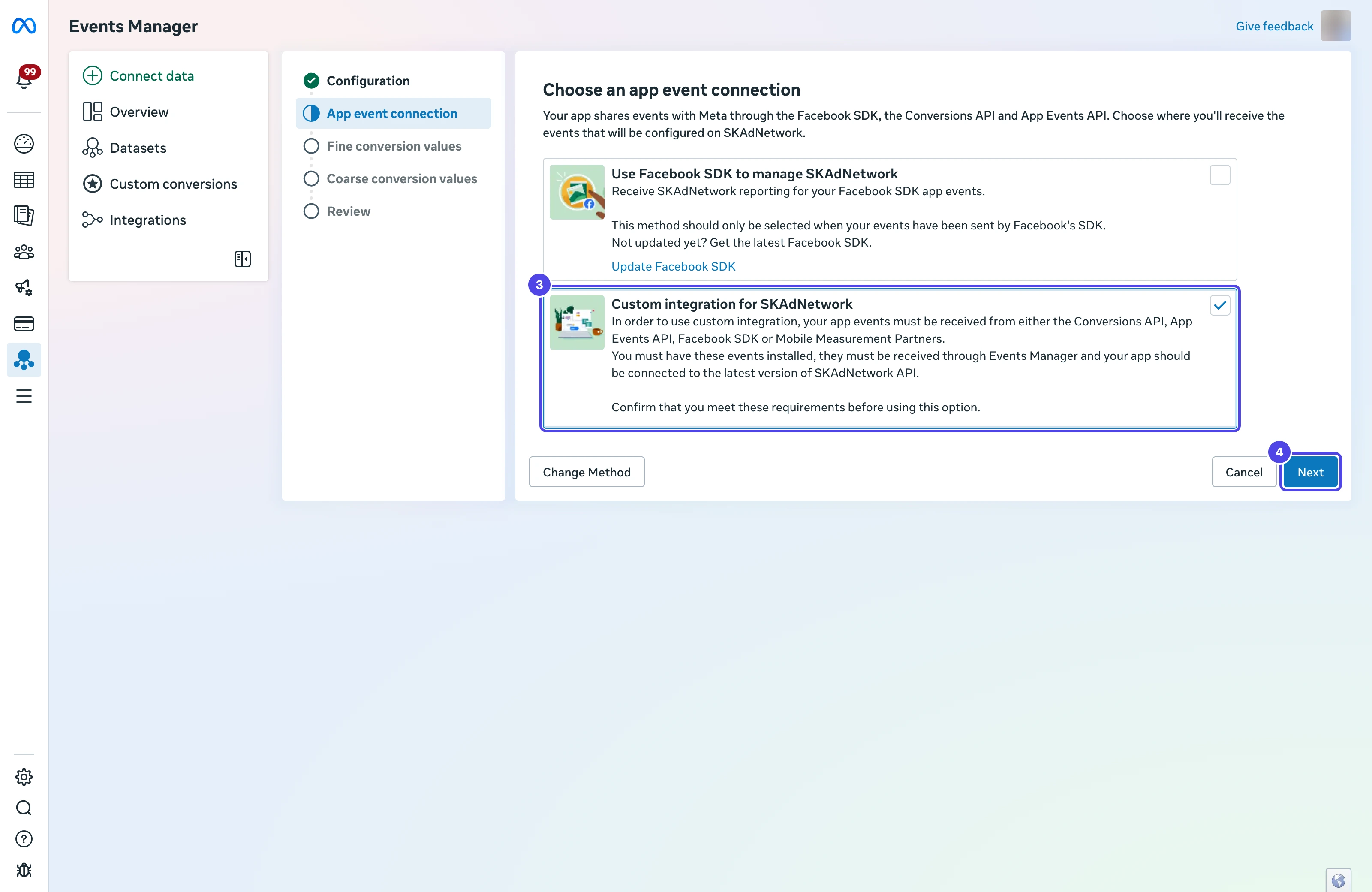 Choose an app event connection step with Custom integration for SKAdNetwork selected as 3 and the Next button as 4