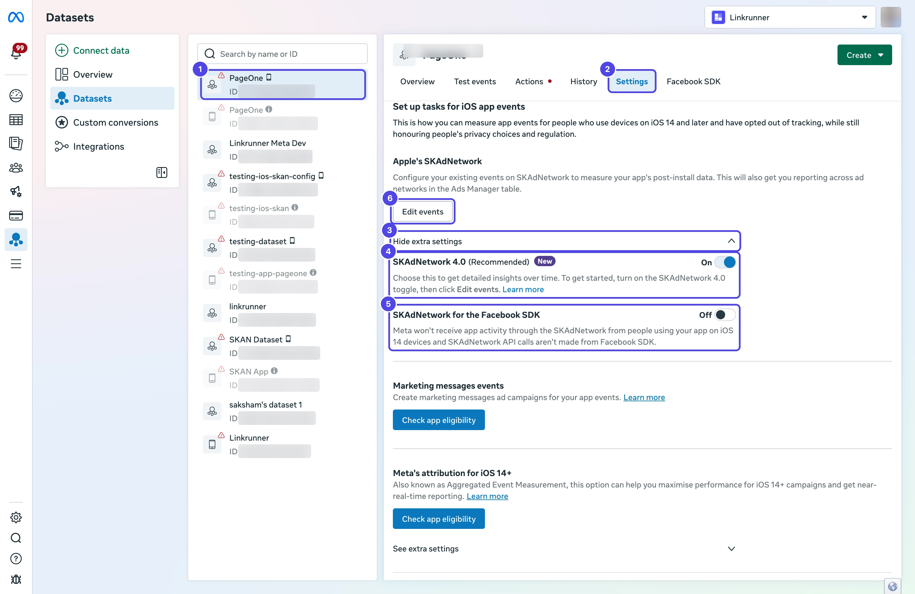 Meta Events Manager dataset settings with the dataset, Settings tab, extra settings, SKAdNetwork 4.0 toggle, SKAdNetwork for the Facebook SDK toggle, and Edit events button numbered 1 to 6