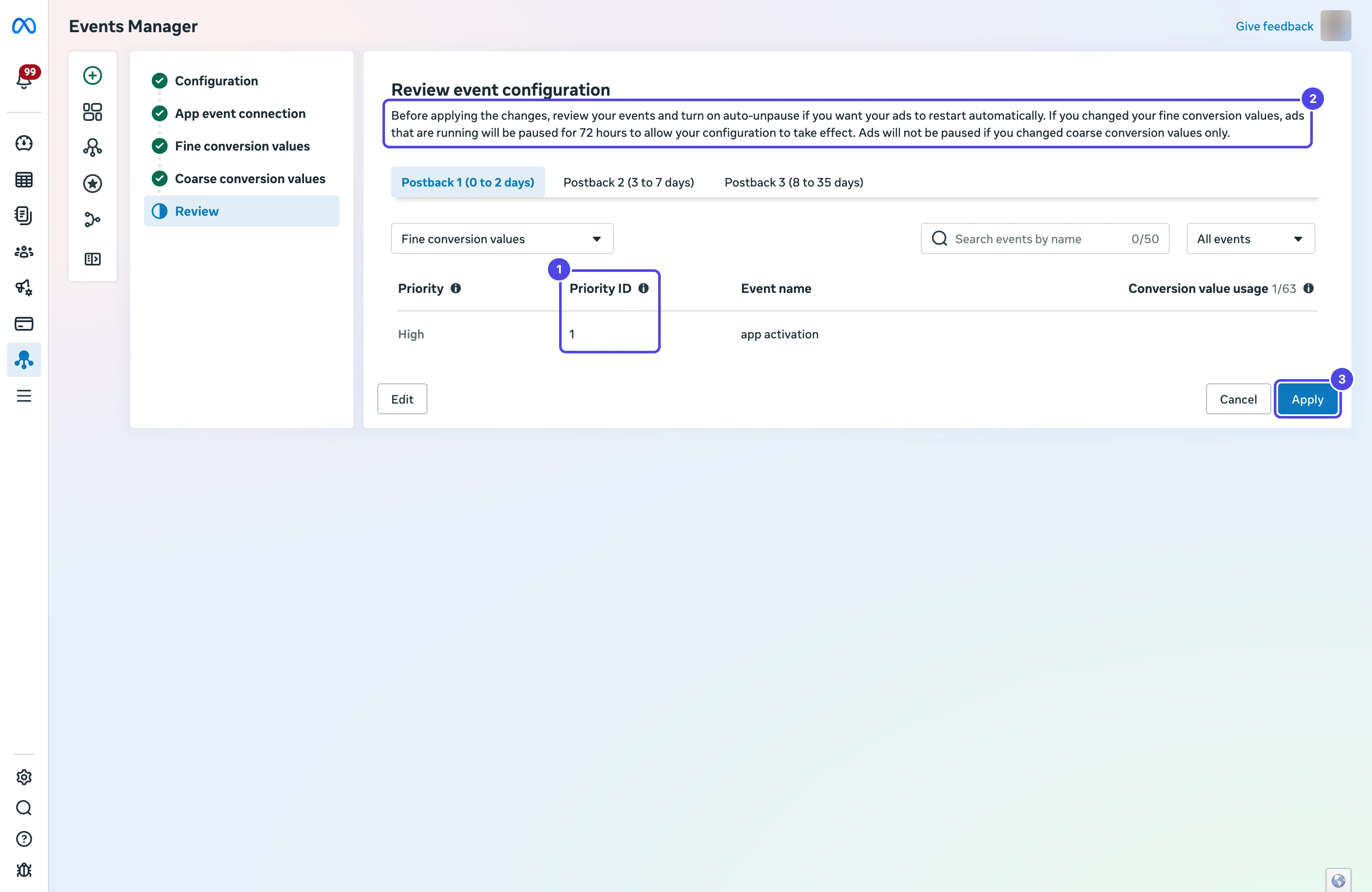Review event configuration step with the Priority ID column as 1, the 72-hour pause notice as 2, and the Apply button as 3