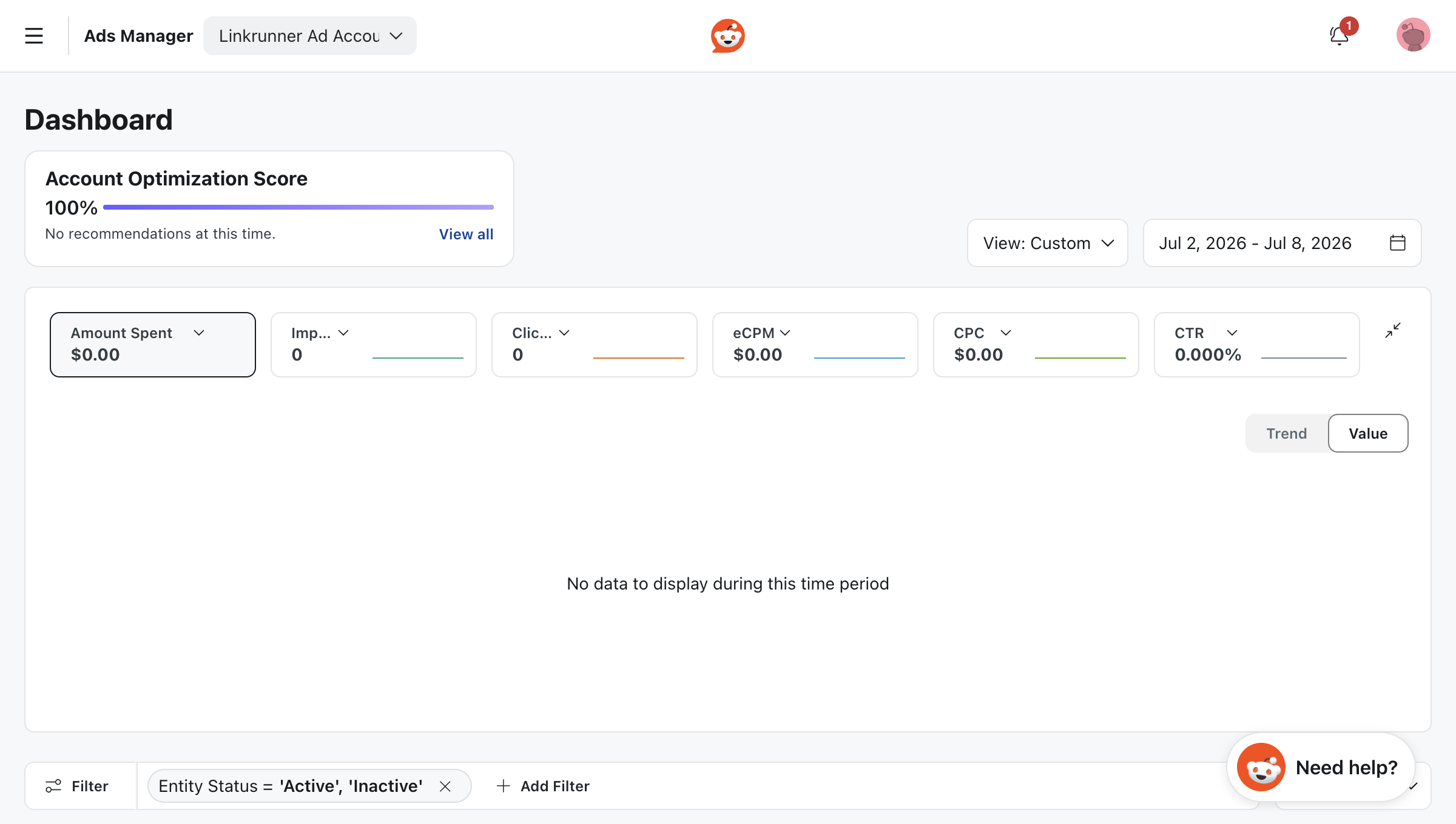 Reddit Ads Manager dashboard