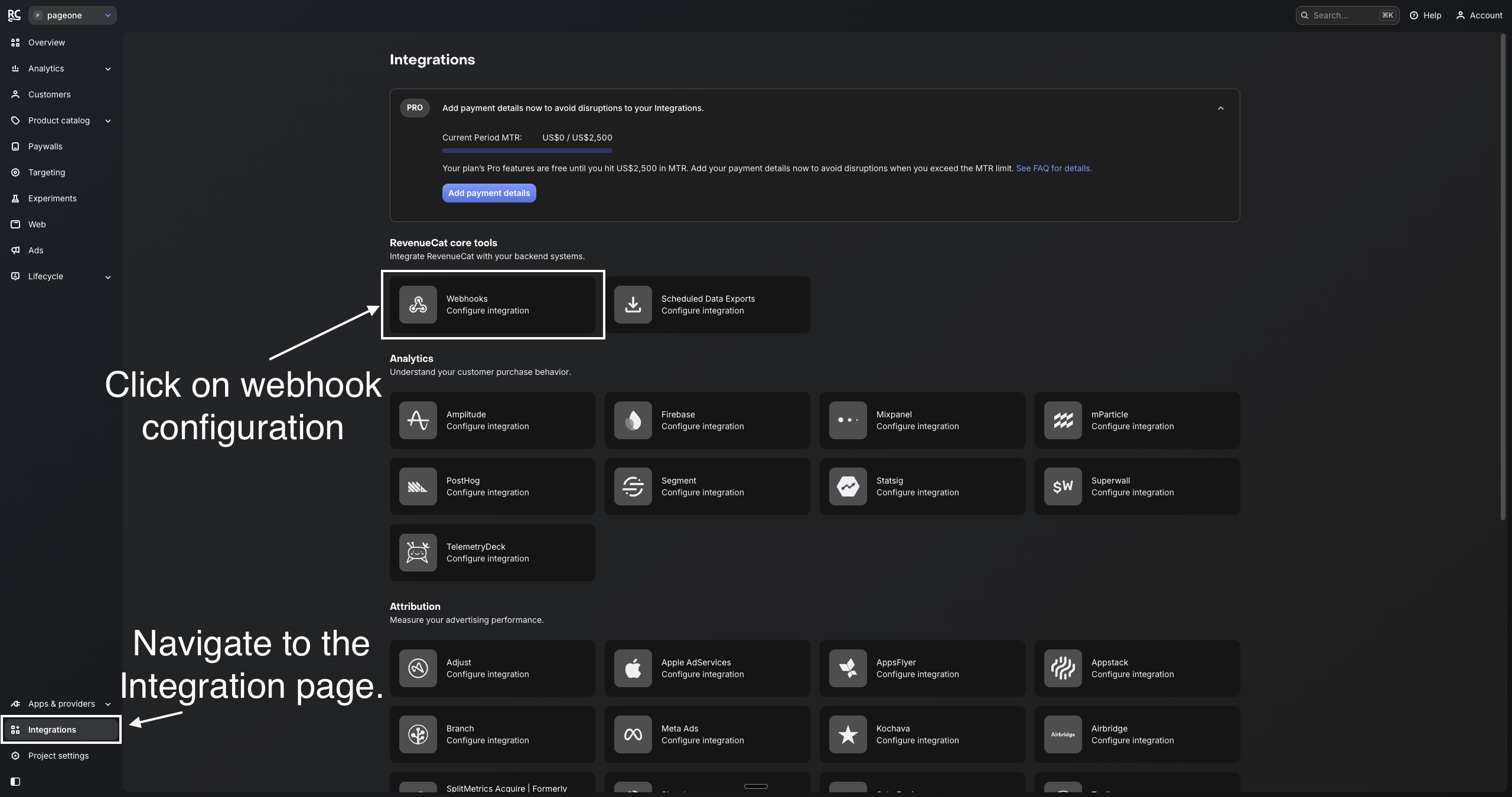 RevenueCat Integrations page - click on Webhooks