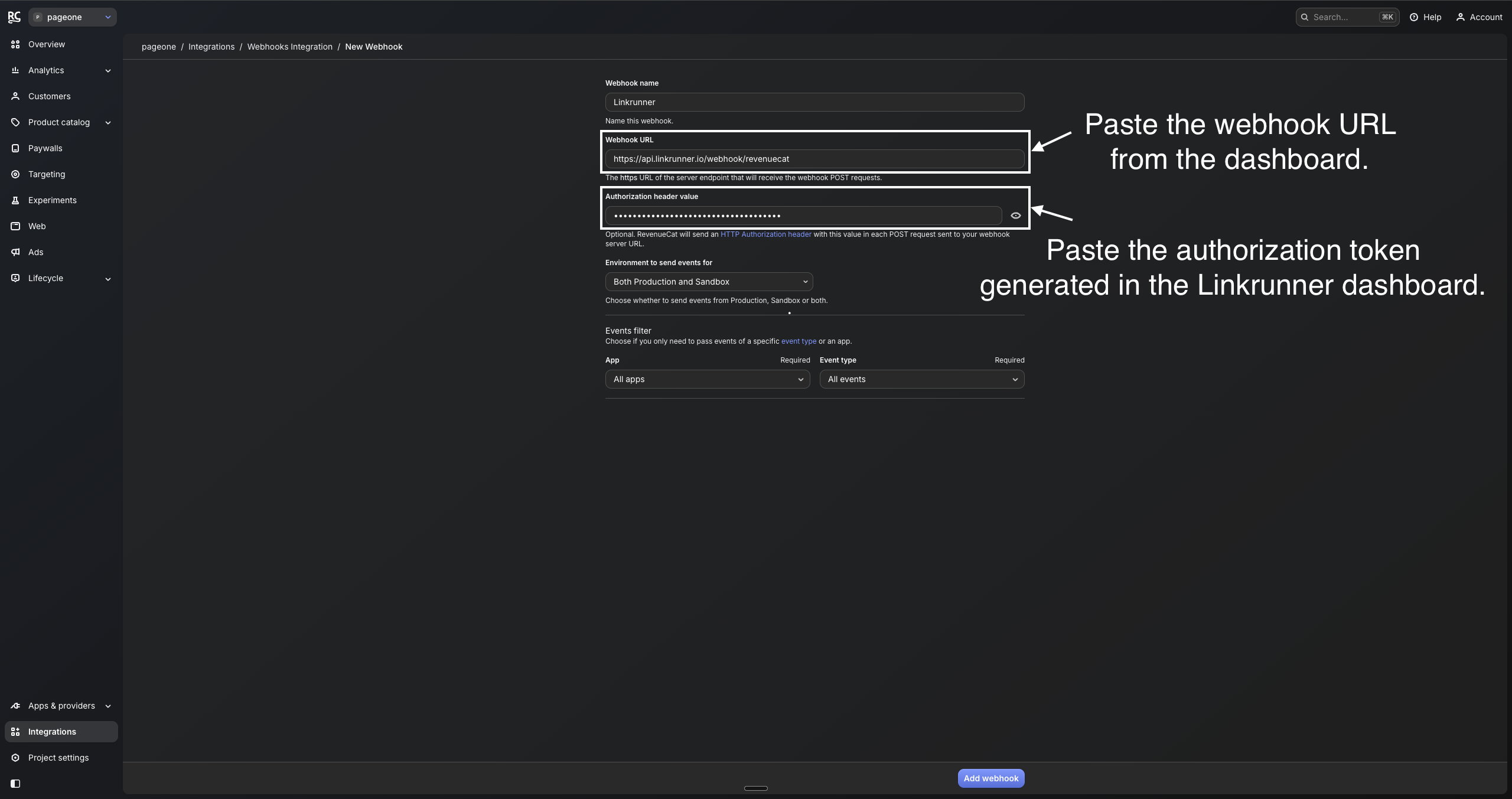 RevenueCat New Webhook configuration