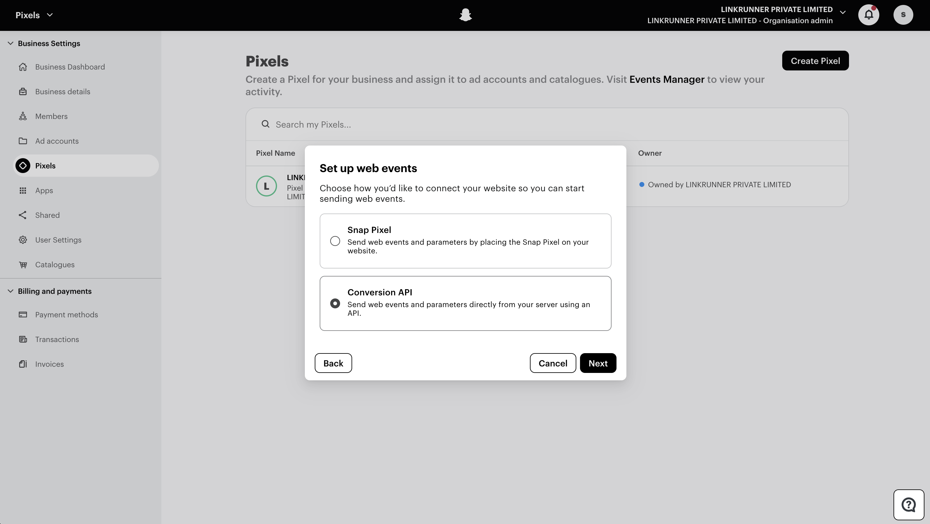 Snapchat Ads Manager - Conversion API