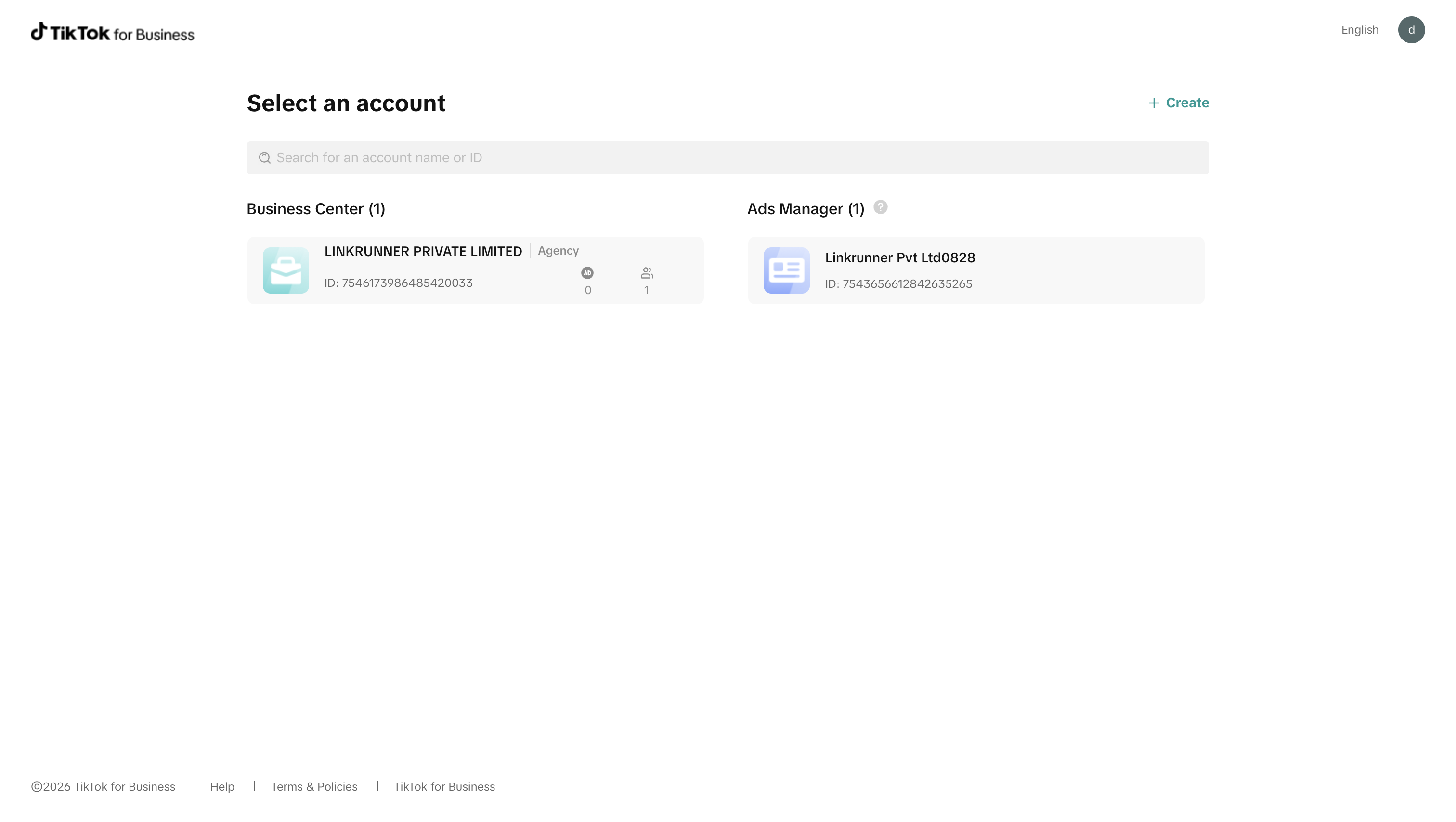 TikTok Ads Manager - Select Account