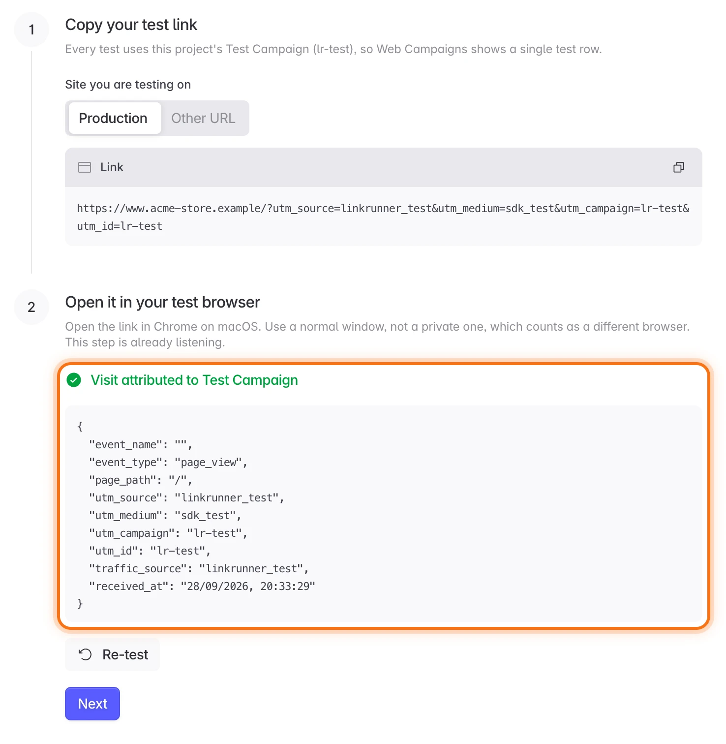 Attribution Testing step showing Visit attributed to Test Campaign