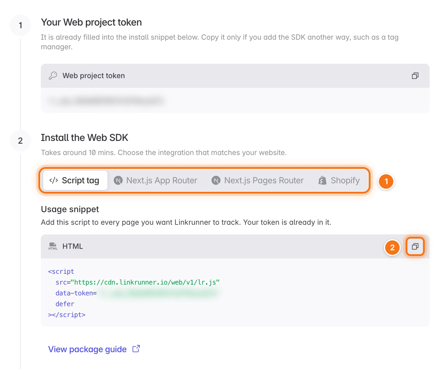 Install the Web SDK step with the install options and the snippet