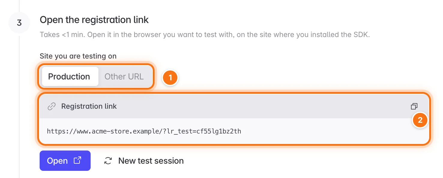 Site selector set to Production and the registration link ending in lr_test