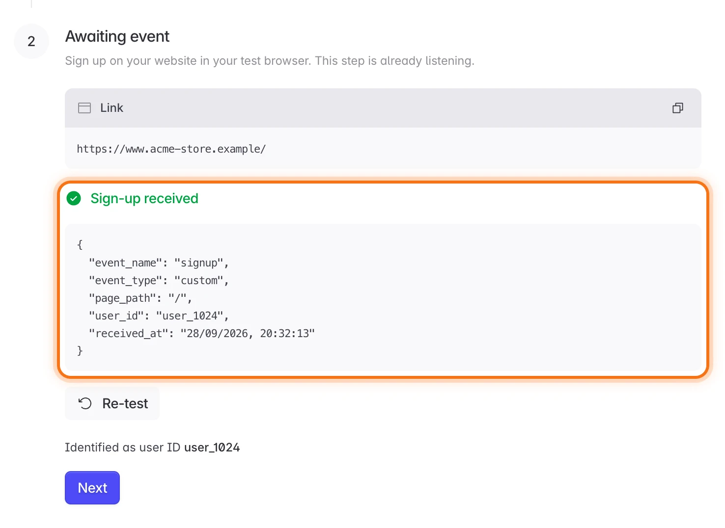 Sign-up Tracking step showing Sign-up received