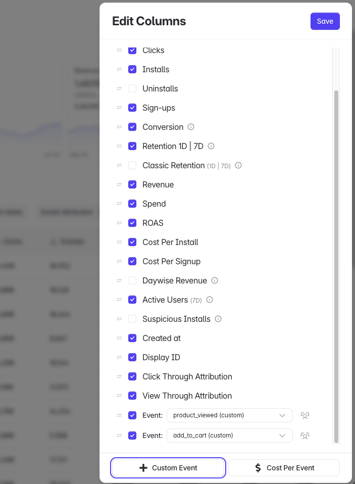 Edit Columns panel on the Campaigns table with metric and per-event columns