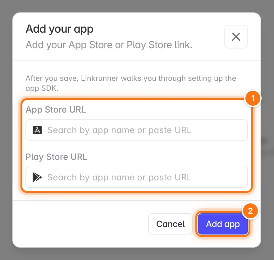 Add your app dialog with the App Store and Play Store search